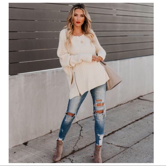 Cream Oversized Side Zipper Sweater - Picture 2 of 6